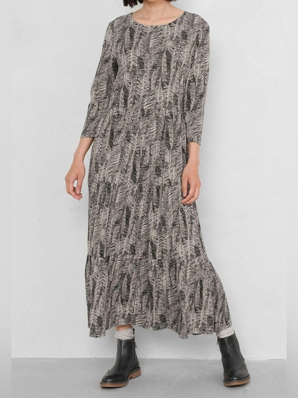 Seasalt Cornwall Leaf Print Midi Dress Organic Cotton Tiered UK 16 US 12